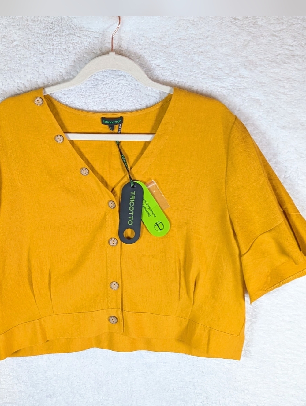 535-Tricotto Mustard Yellow Button-Front Cropped Button Down